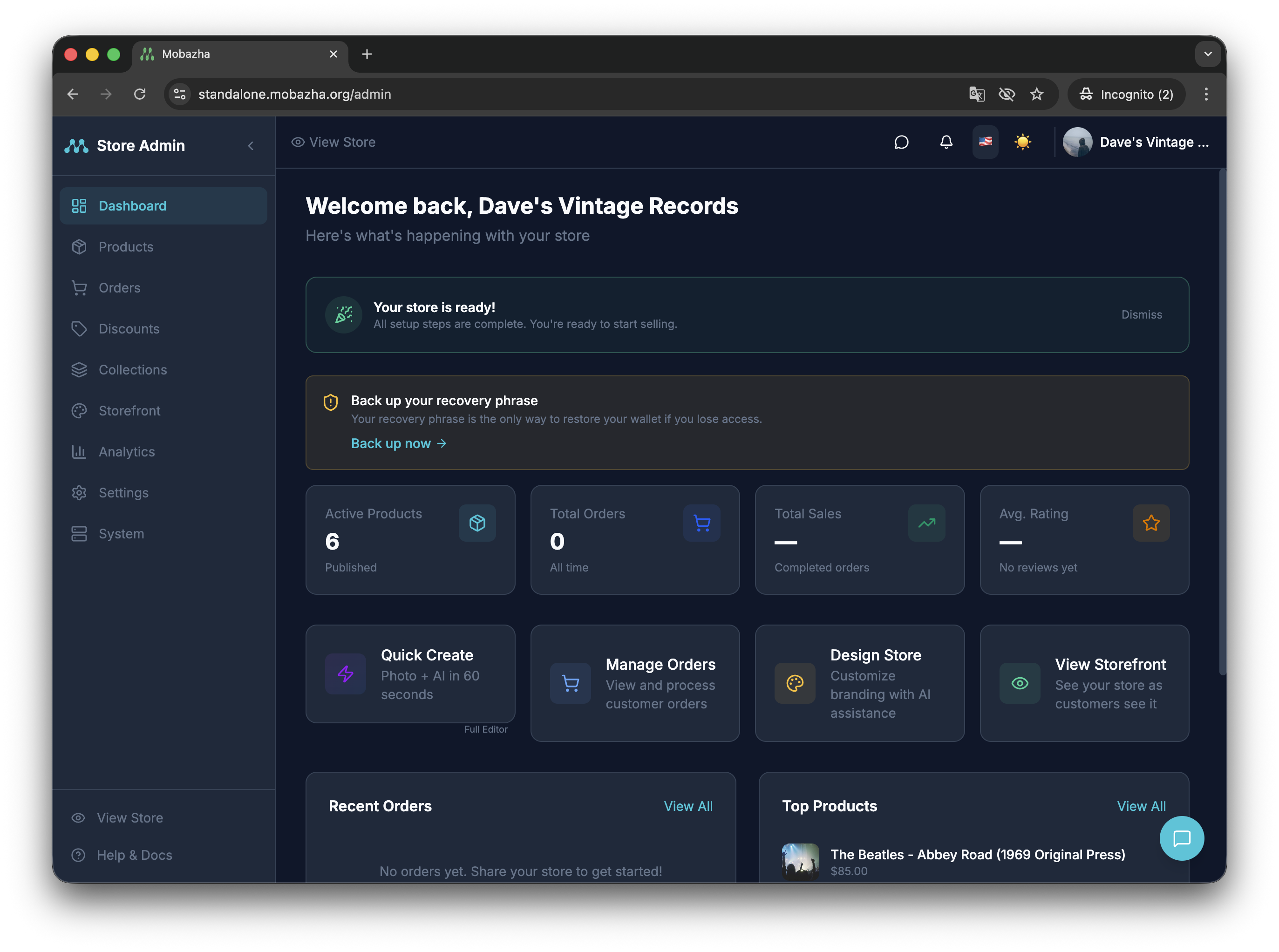 Mobazha seller dashboard — products, orders, analytics, and AI tools